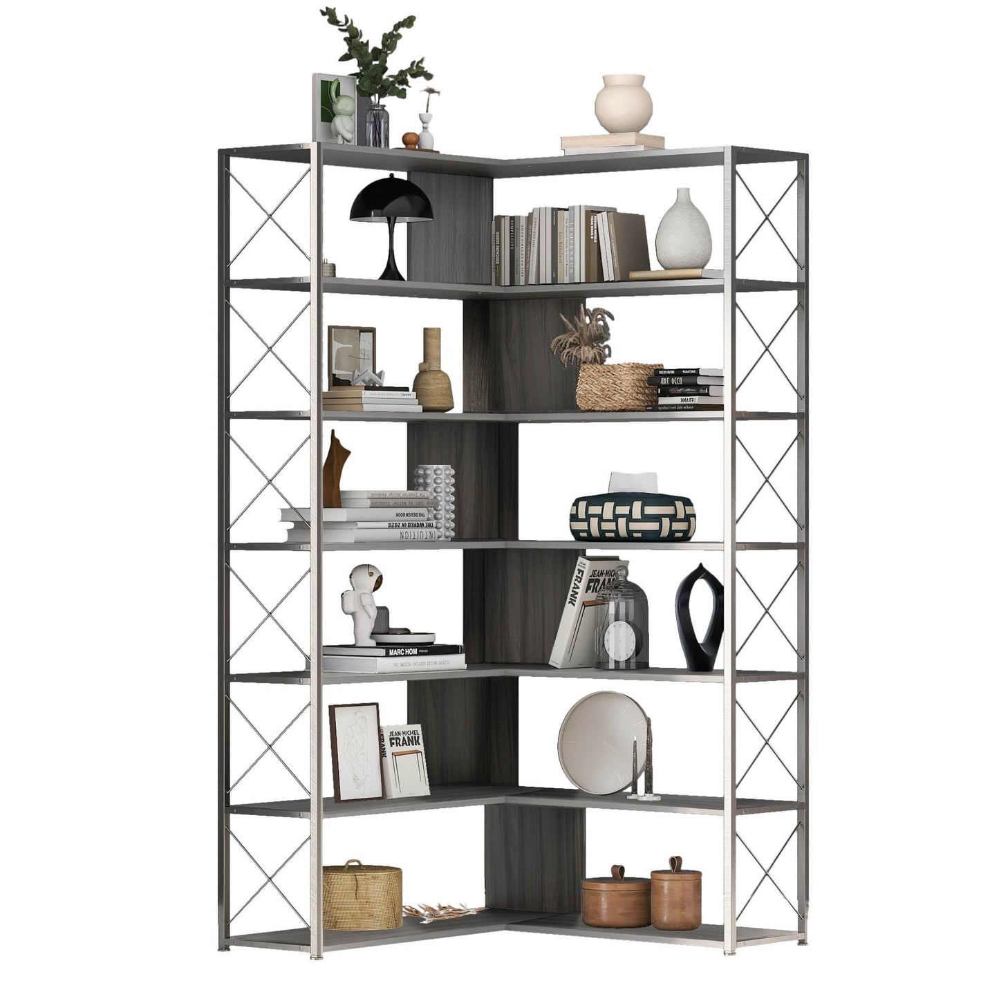 L-Shaped Corner Bookcase - Silver+Grey