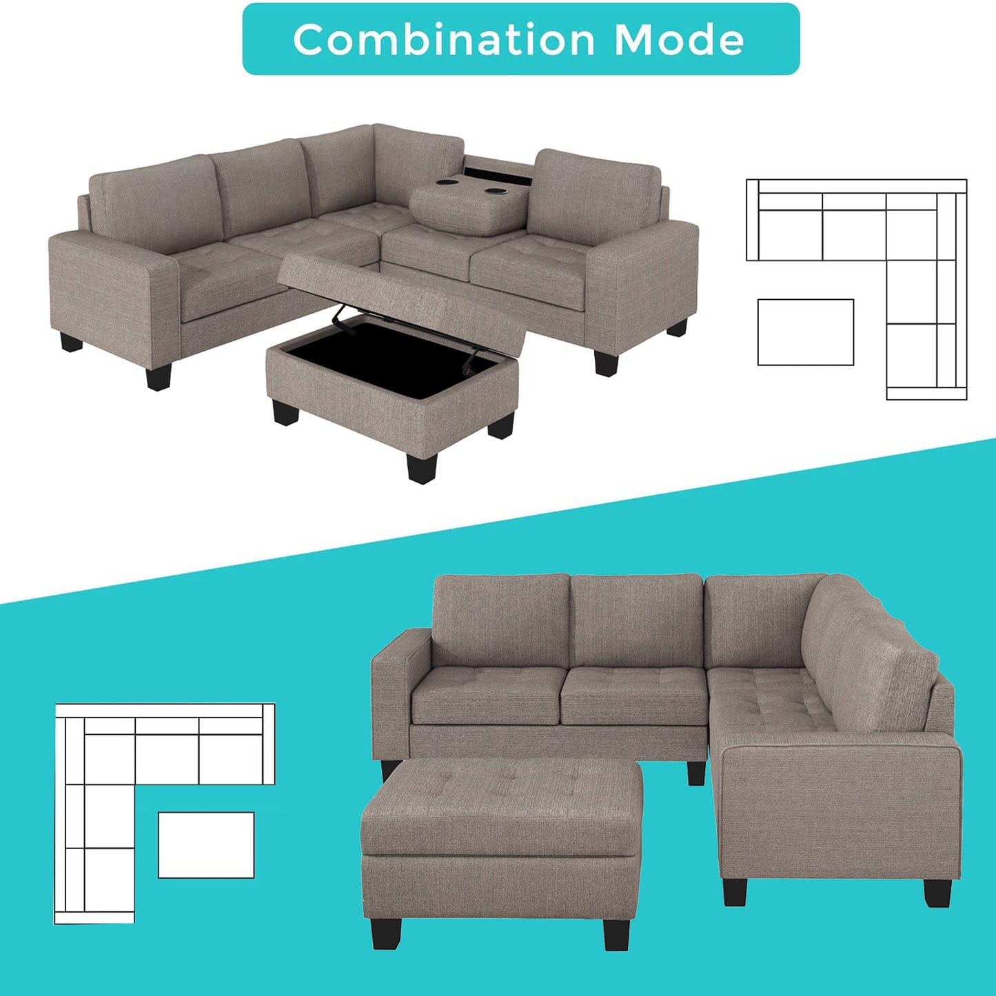 OrisLux Sectional Lounge: Ultimate Space-Saving Sofa with Ottoman & Cup Holders