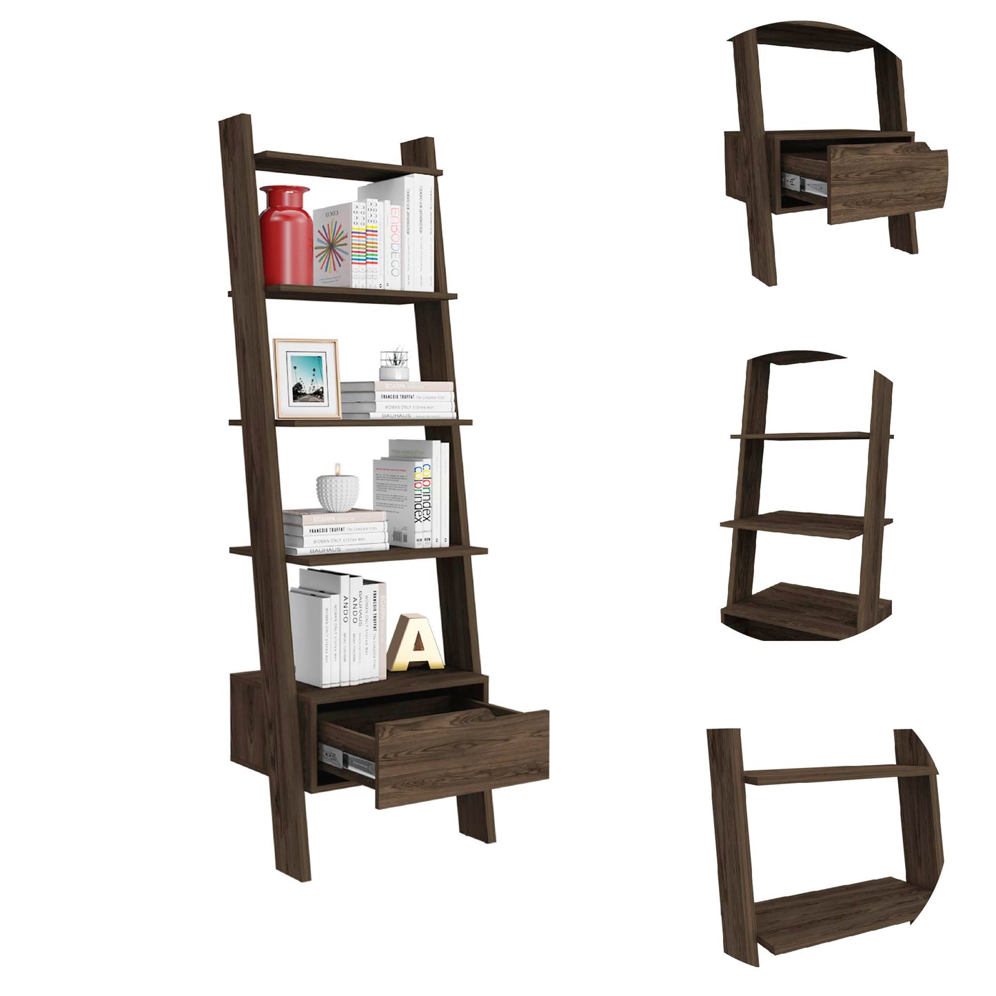 Havenwood 1-Drawer 4-Shelf Ladder Bookcase Dark Walnut