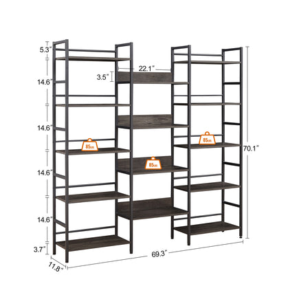 Triple Wide 5-shelf Bookshelves Industrial Retro Wooden Style - Dark Grey