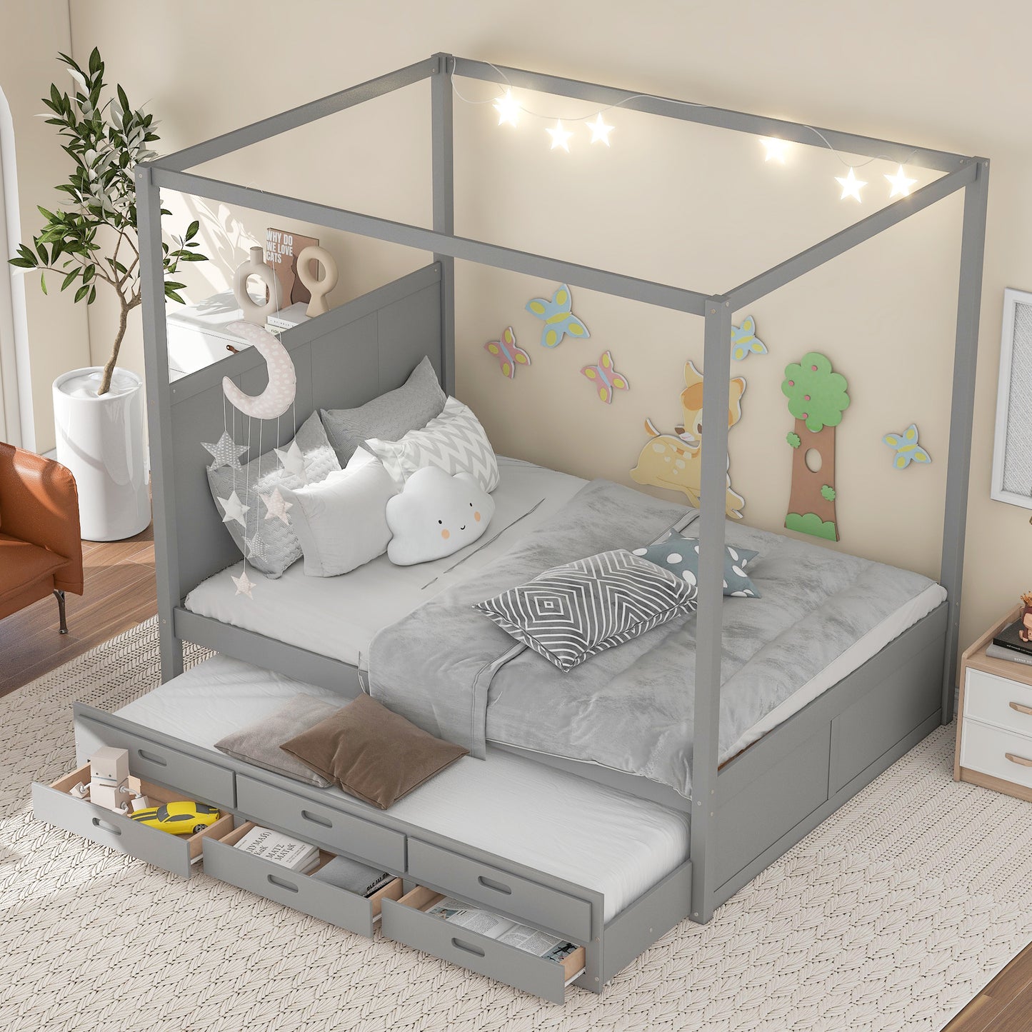 Elegant Haven Canopy Bed with Trundle and Storage, Gray