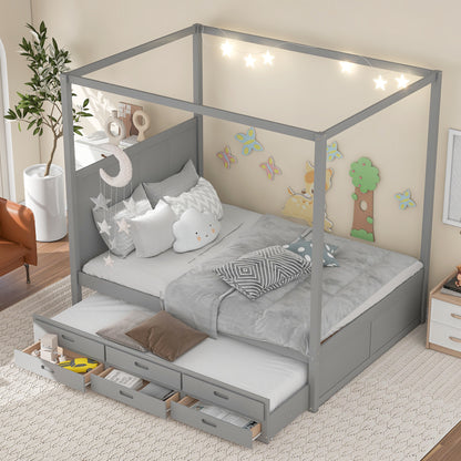 Elegant Haven Canopy Bed with Trundle and Storage, Gray