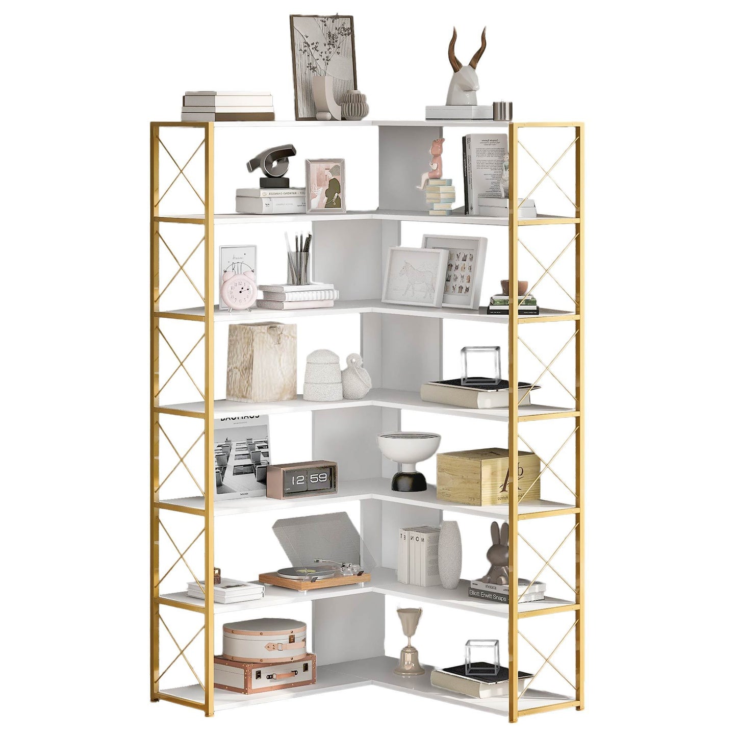 L-Shaped Corner Bookcase - Golden+White