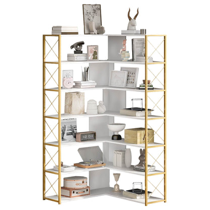 L-Shaped Corner Bookcase - Golden+White