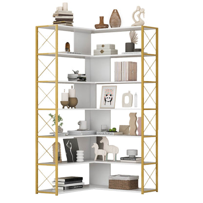 L-Shaped Corner Bookcase - Golden+White
