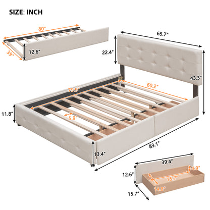 Draco Queen Size Platform Bed with 2 Drawers - Beige