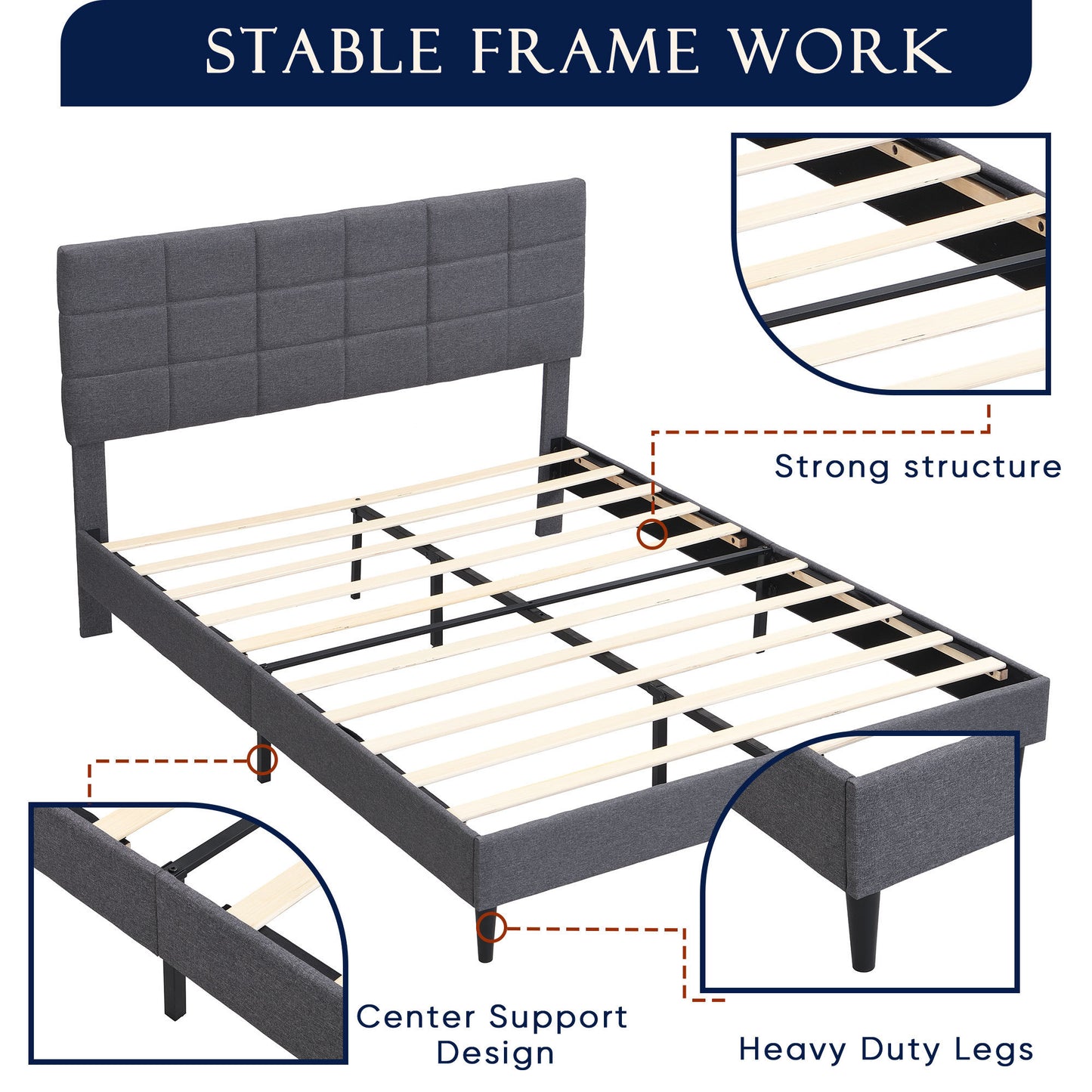 Elegant Queen Size Platform Bed Frame - Gray