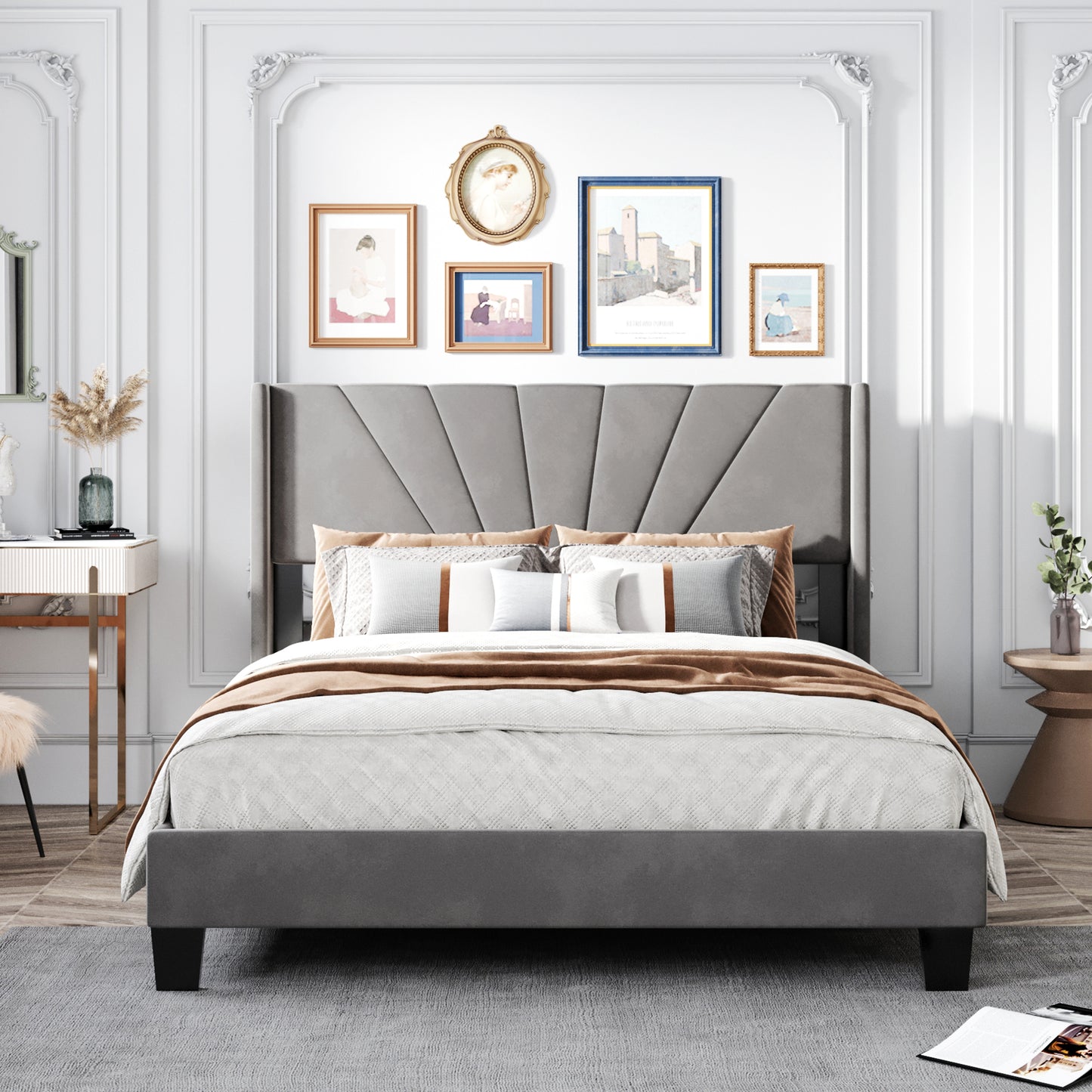 Royal Comfort Queen Size Velvet Upholstered Platform Bed - Gray