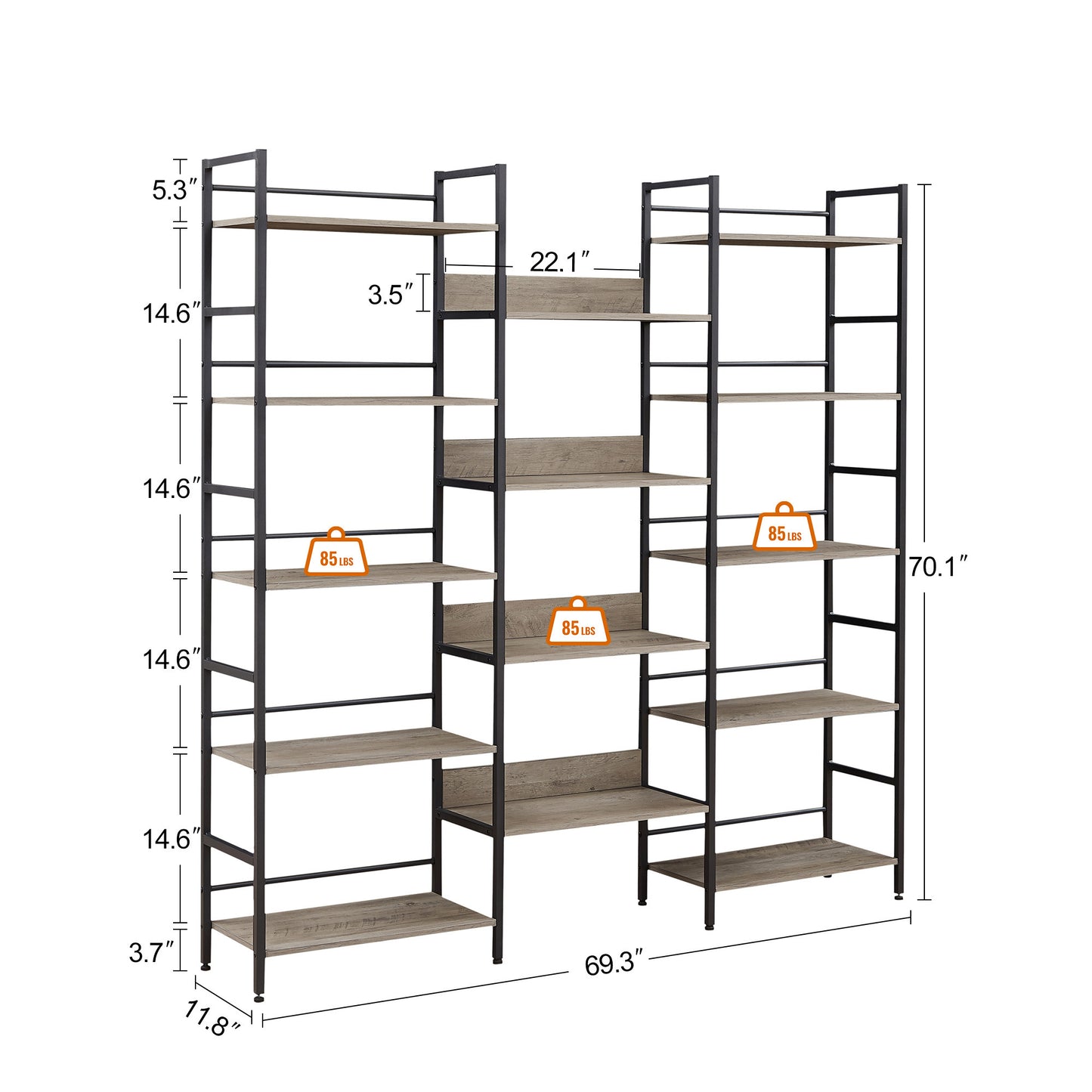 Triple Wide 5-shelf Bookshelves Industrial Retro Wooden Style - Grey
