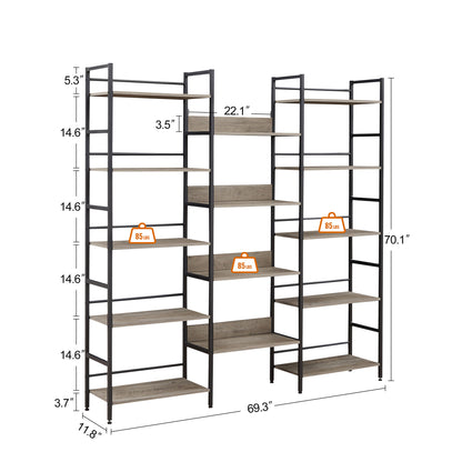 Triple Wide 5-shelf Bookshelves Industrial Retro Wooden Style - Grey