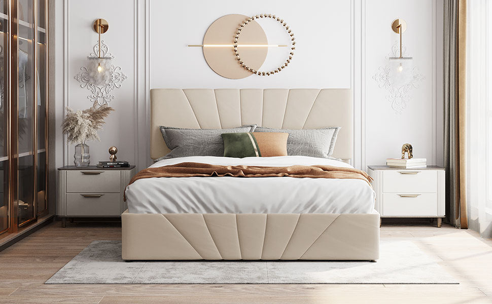 Regal Restful Retreat - Beige Upholstered Platform Bed with Hydraulic Storage