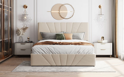 Regal Restful Retreat - Beige Upholstered Platform Bed with Hydraulic Storage