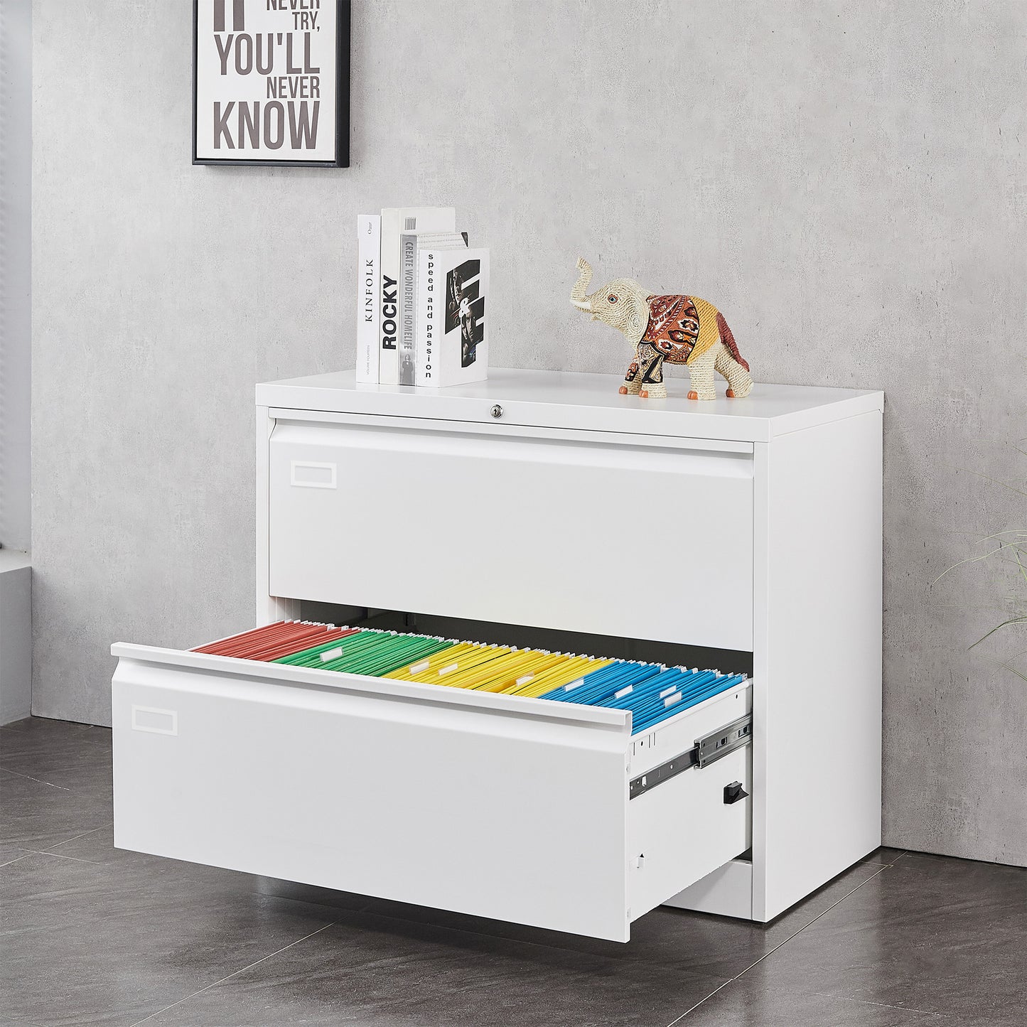 Lock Metal Steel 2 Drawer Lateral Filing Cabinet - White