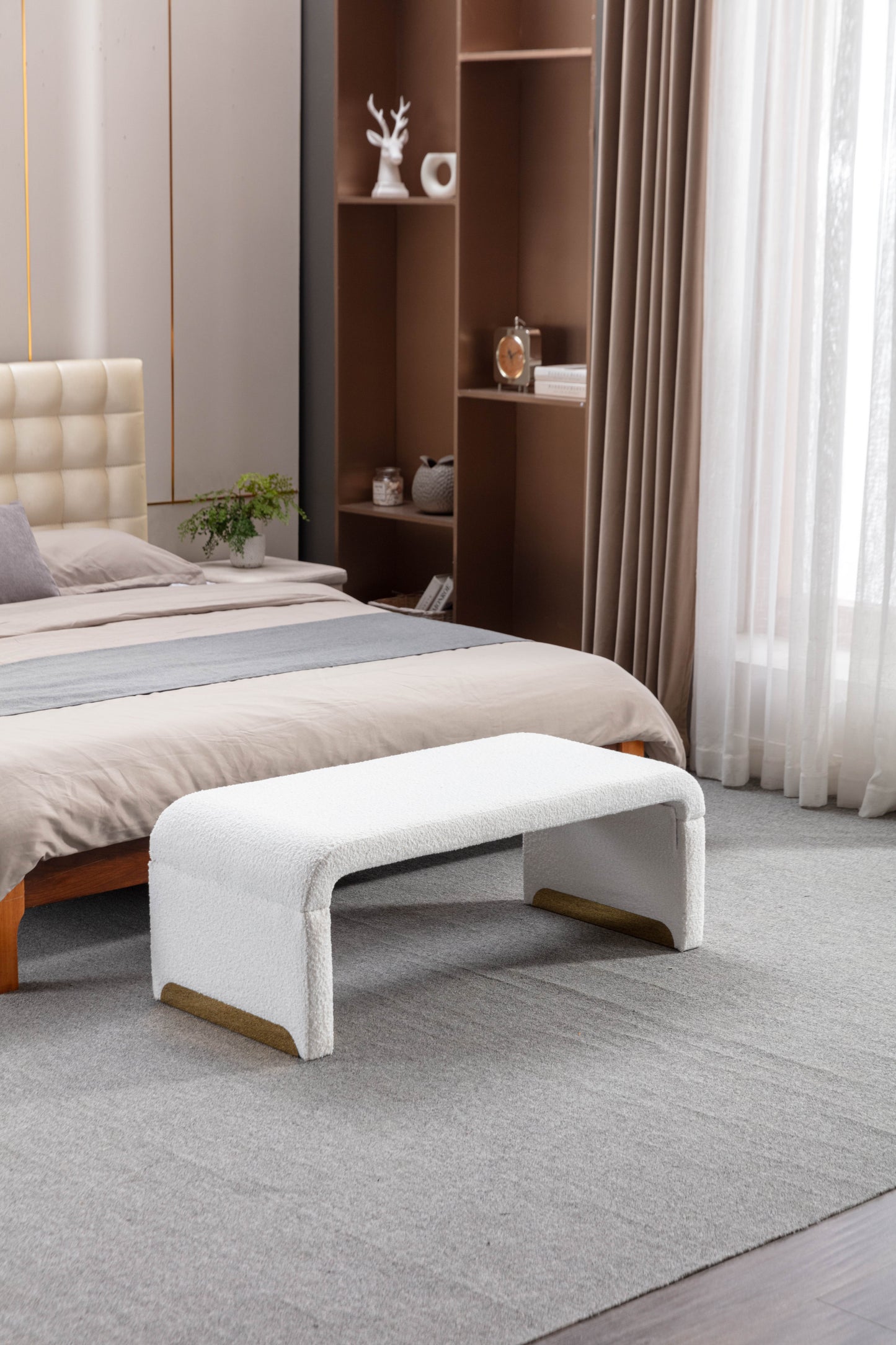 Boucle Fabric Ottoman - White