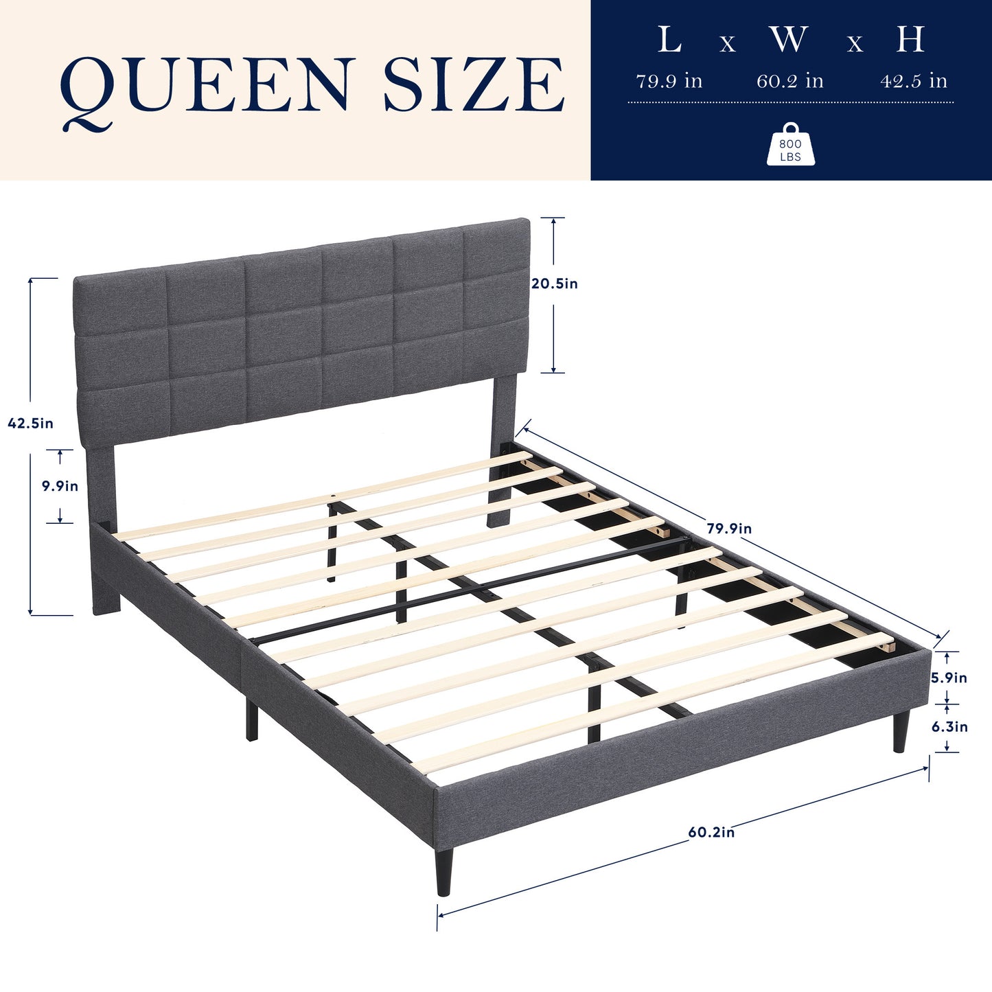Elegant Queen Size Platform Bed Frame - Gray