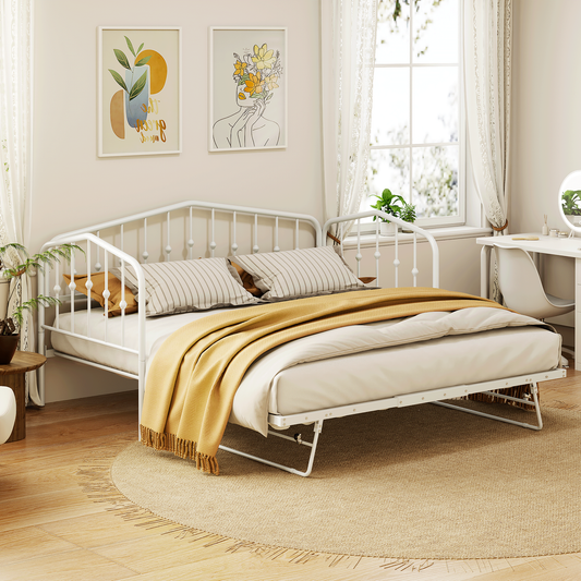 Zee Twin Size Metal Daybed with Twin Size Adjustable Trundle - White