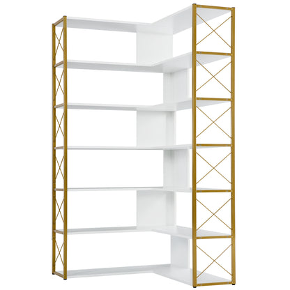 L-Shaped Corner Bookcase - Golden+White