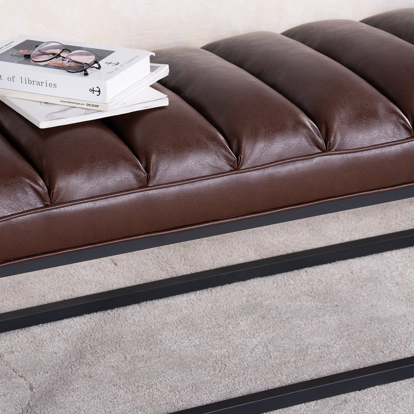 Metal Base Upholstered Bench - Dark Brown