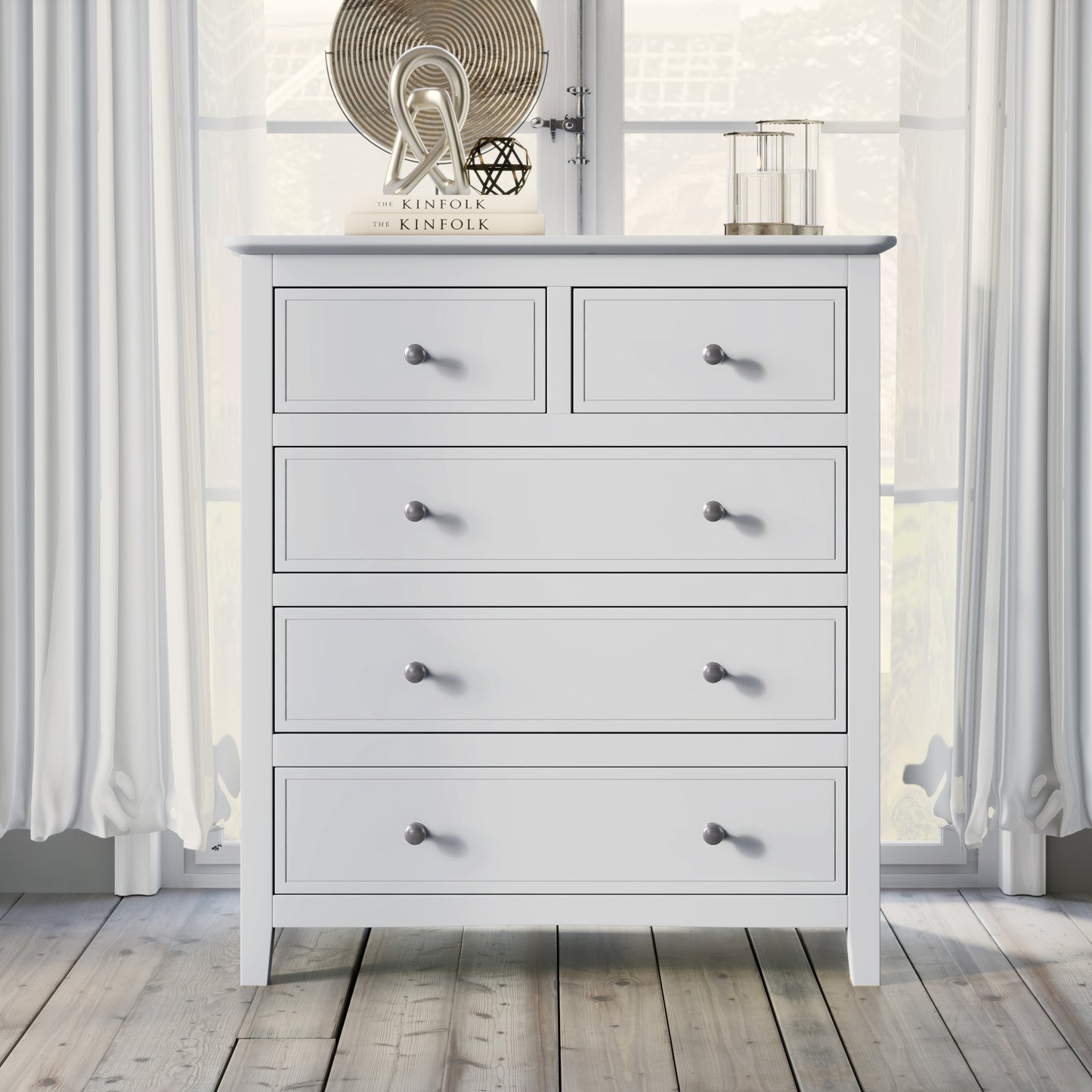 Elegant White Wood Chest with 5 Drawers