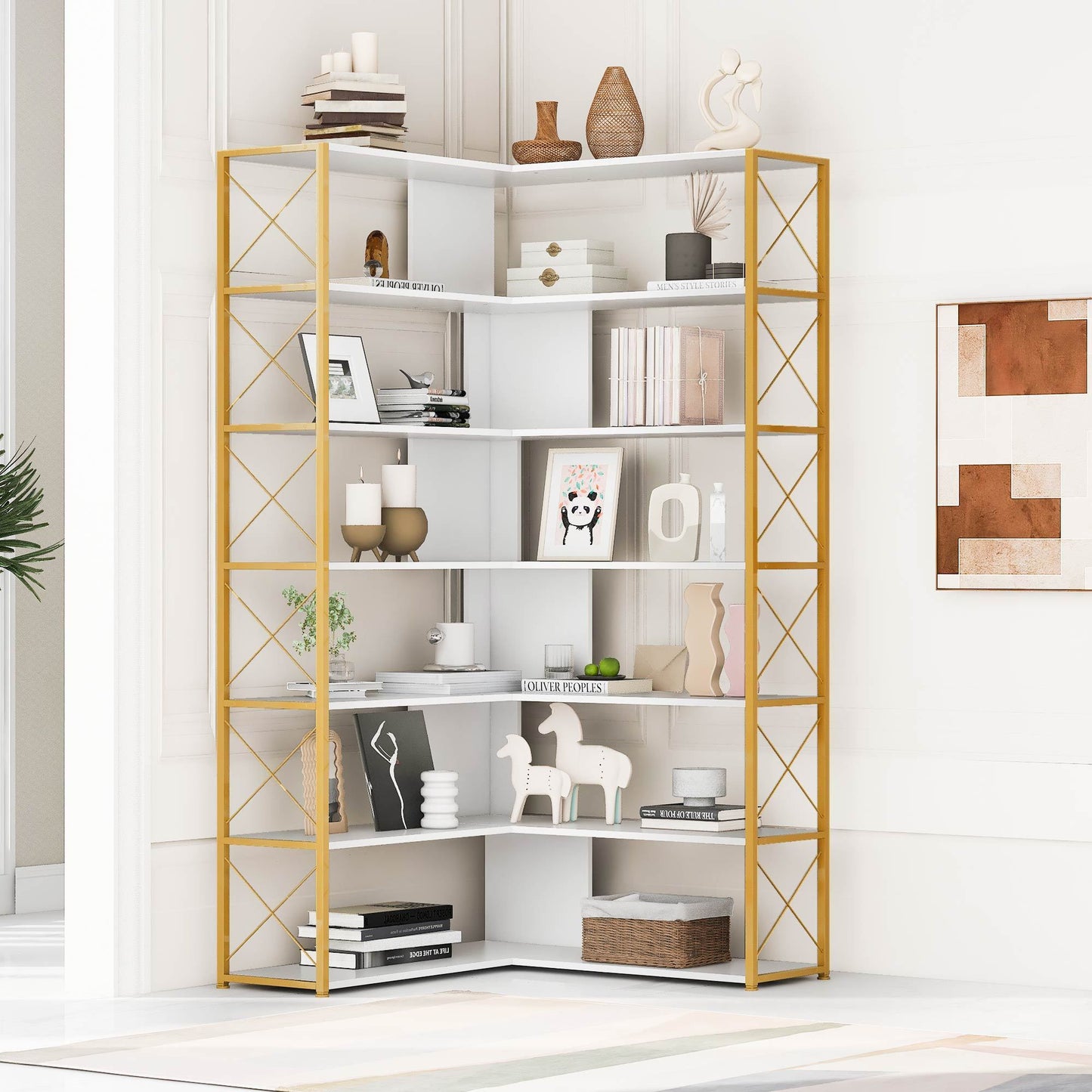 L-Shaped Corner Bookcase - Golden+White