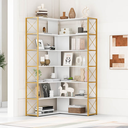L-Shaped Corner Bookcase - Golden+White