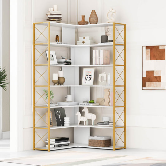 L-Shaped Corner Bookcase - Golden+White