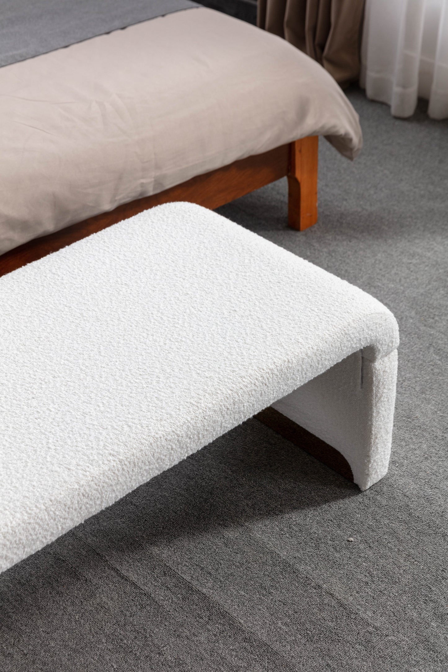 Boucle Fabric Ottoman - White