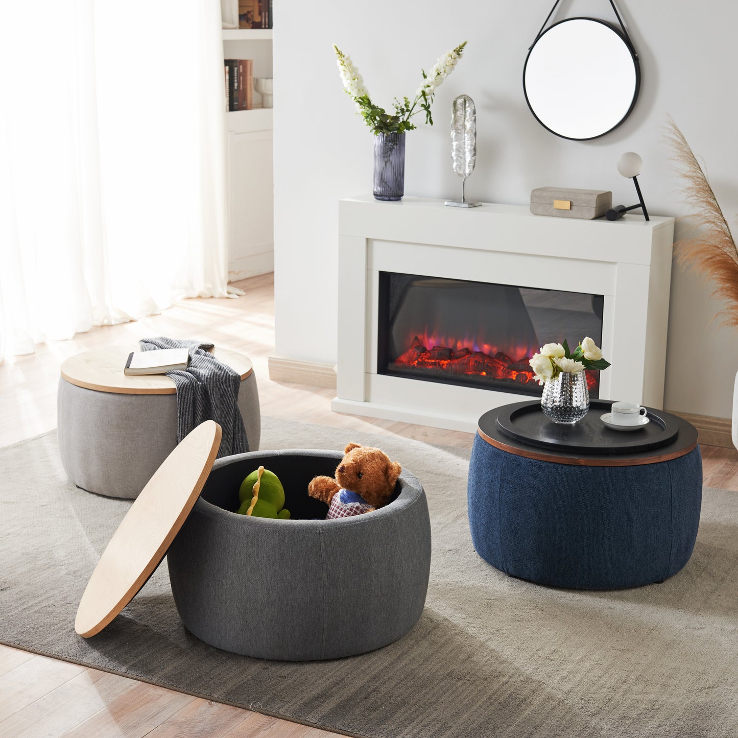 Versa Round Storage Ottoman Table - Navy Blue