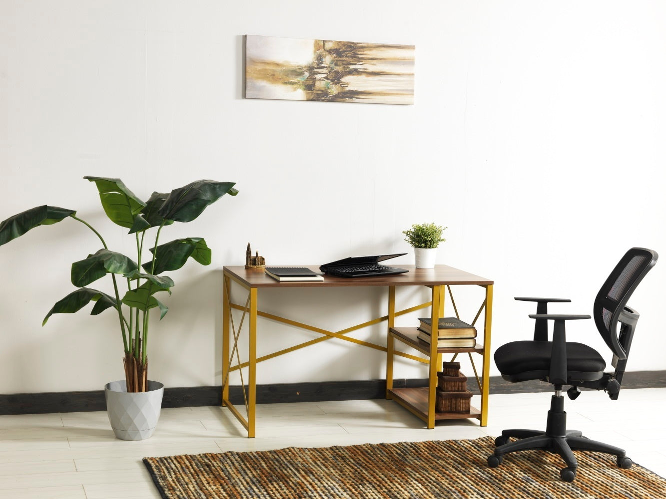 Morello Gold Metal Frame 47" Wooden Top Computer Desk -  White