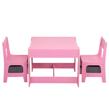 3-in-1 Kids Wood Table and 2 Chairs - Pink