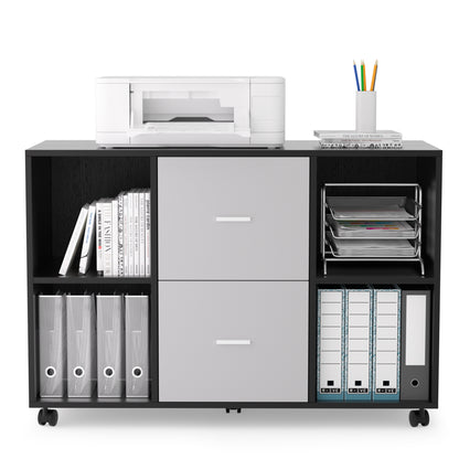 Mobile Wood File Cabinet 2-Drawer 4 open storage - Light Grey