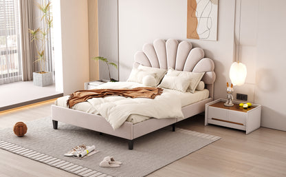 Floral Bliss Full Size Velvet Platform Bed Frame - Beige