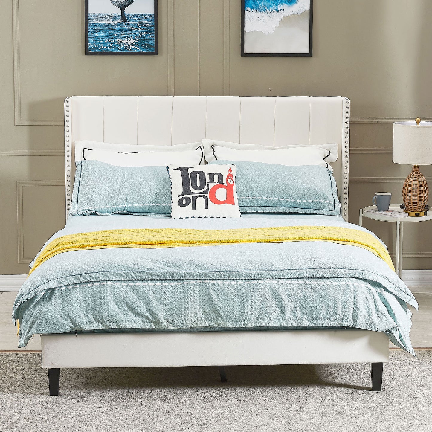 Bazu Queen Size Platform Bed Frame - Beige