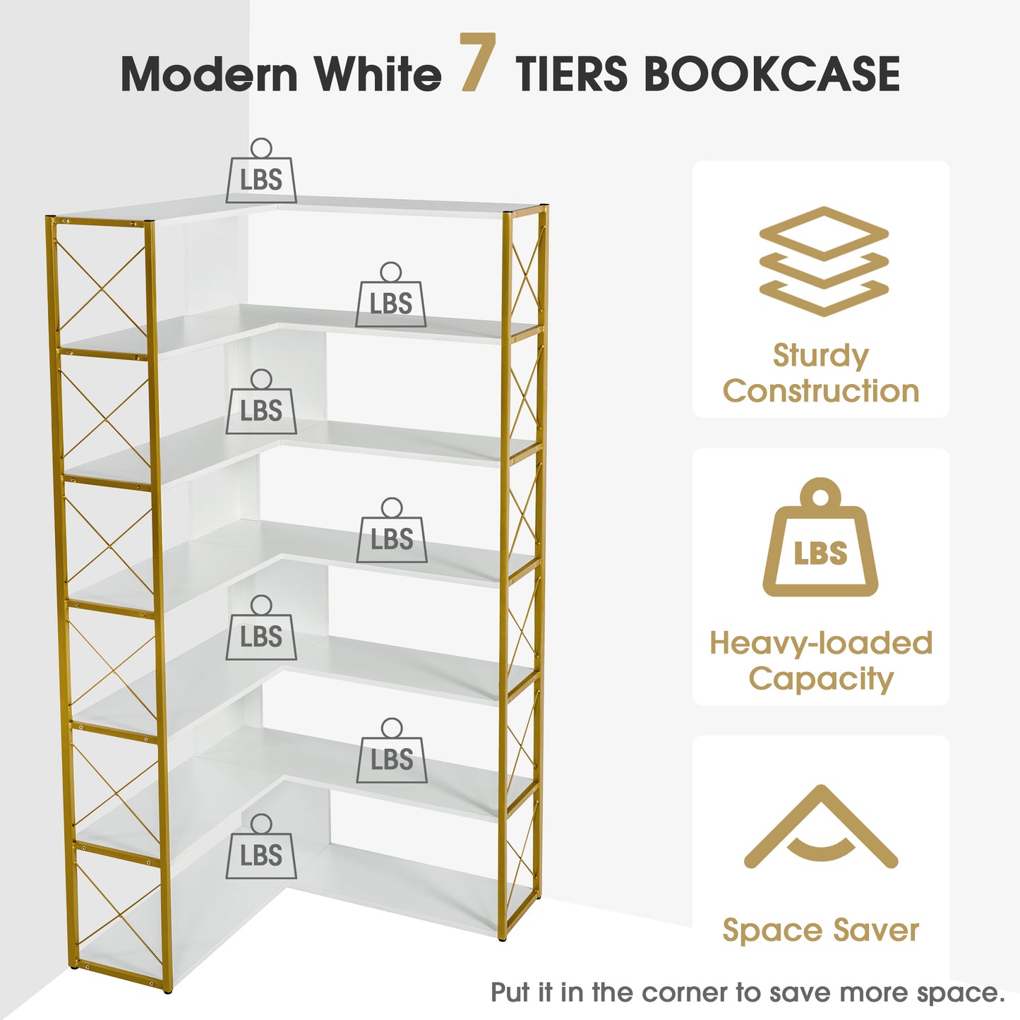 L-Shaped Corner Bookcase - Golden+White