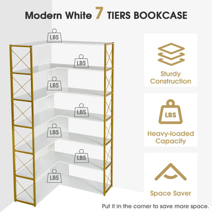 L-Shaped Corner Bookcase - Golden+White