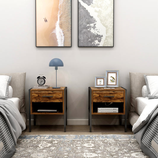 Barn Industrial Style Nightstand ( Set of 2) - Rustic Brown