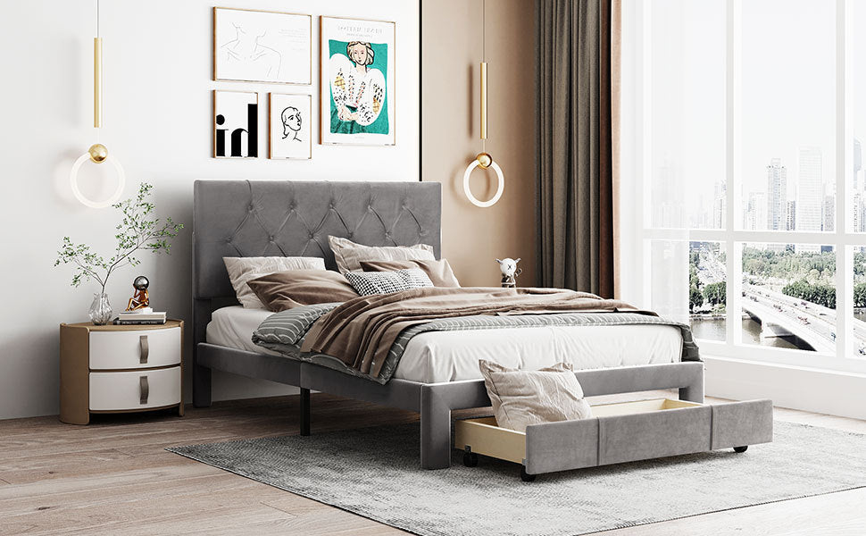 Helena Full Size Velvet Platform Bed Frame - Gray