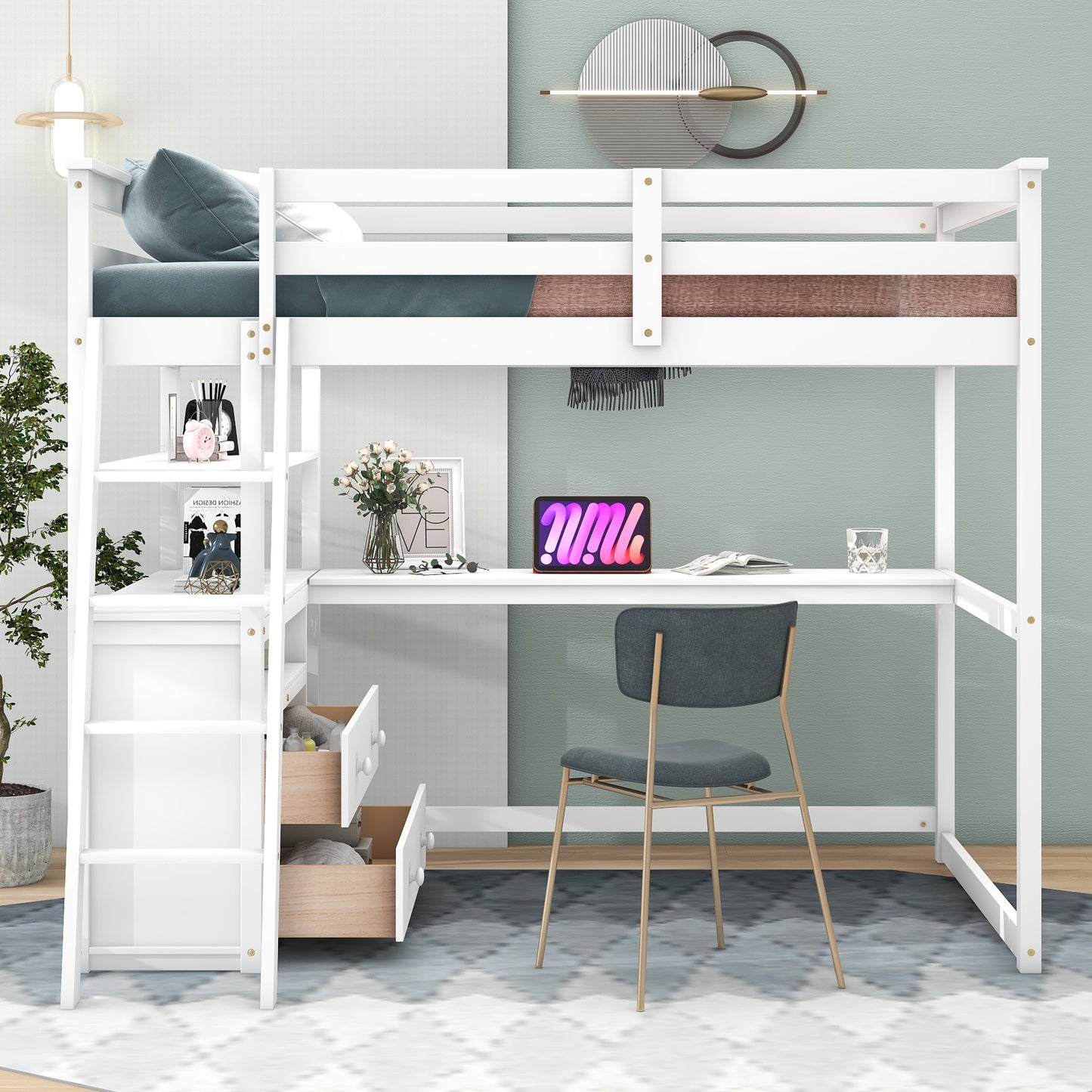 ElevateMax Full Size Loft Bed with Desk and Storage, in Elegant White