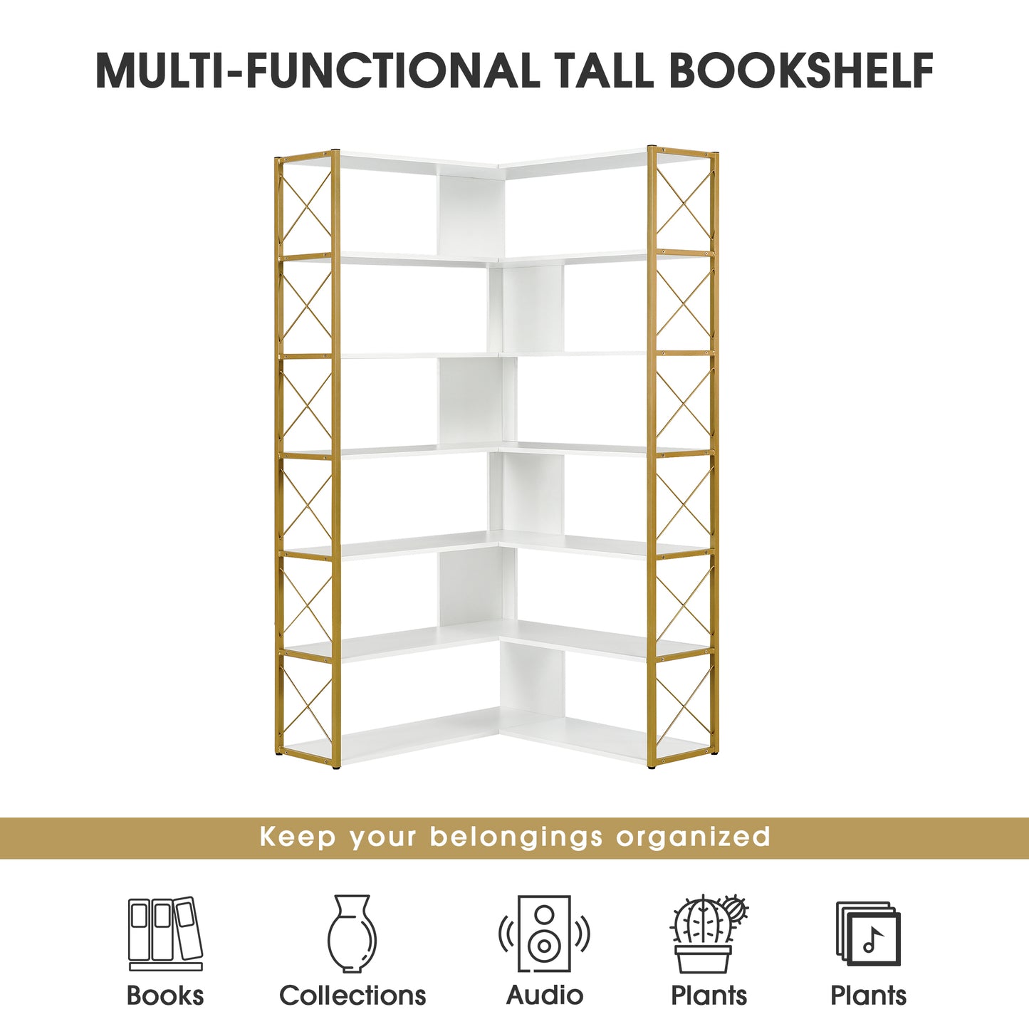 L-Shaped Corner Bookcase - Golden+White