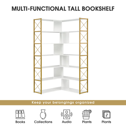 L-Shaped Corner Bookcase - Golden+White