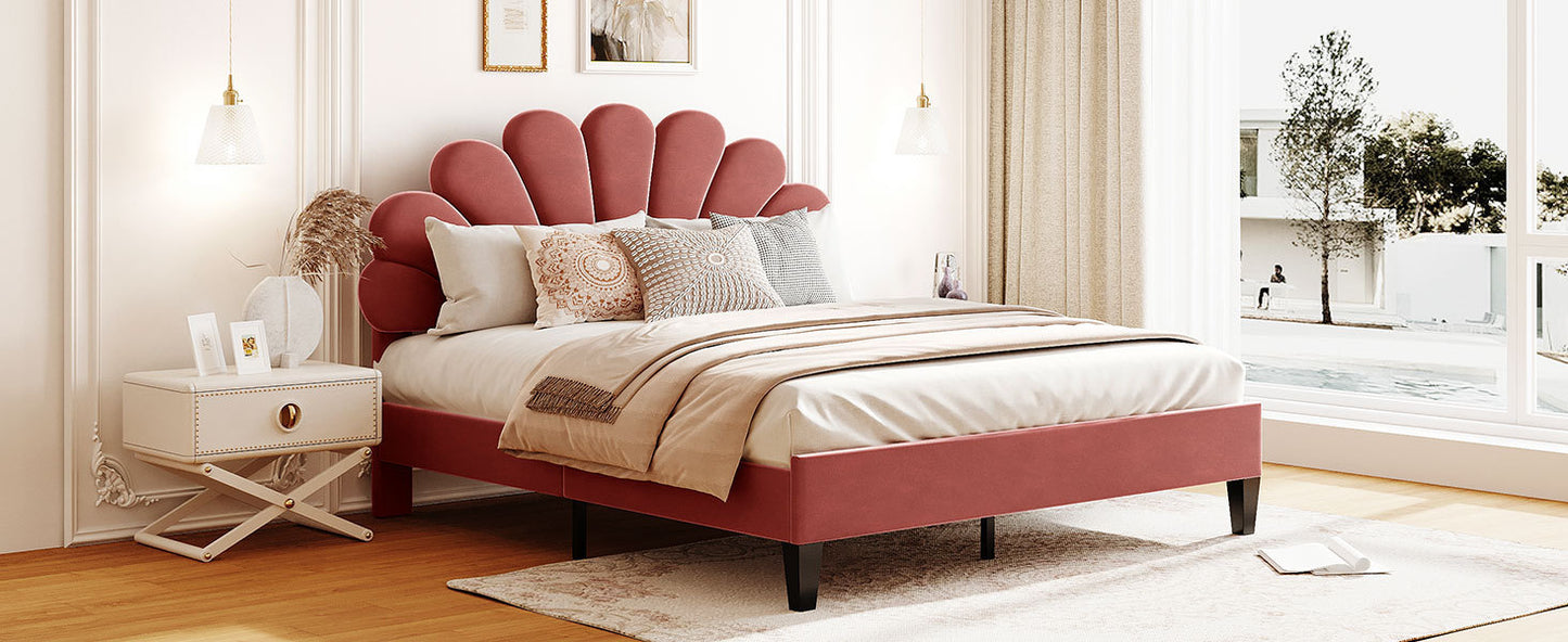 Floral Bliss Queen Size Velvet Platform Bed Frame - Red