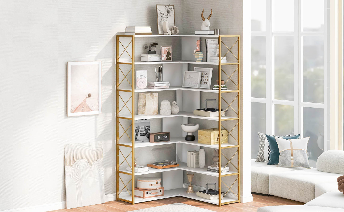 L-Shaped Corner Bookcase - Golden+White