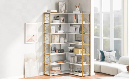 L-Shaped Corner Bookcase - Golden+White