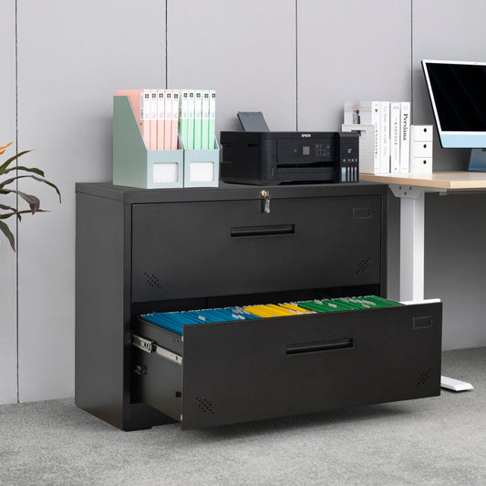 Metal Steel 2 Drawer Lateral Filing Cabinet - Black