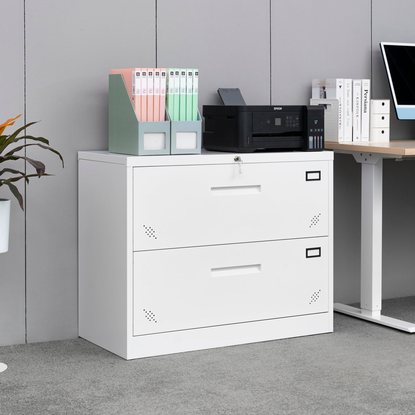 Metal Steel 2 Drawer Lateral Filing Cabinet - White