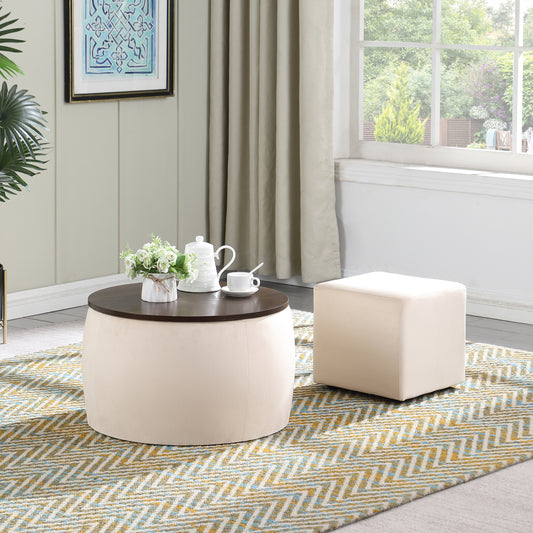 Versa Round Ottoman Set with Storage - Beige