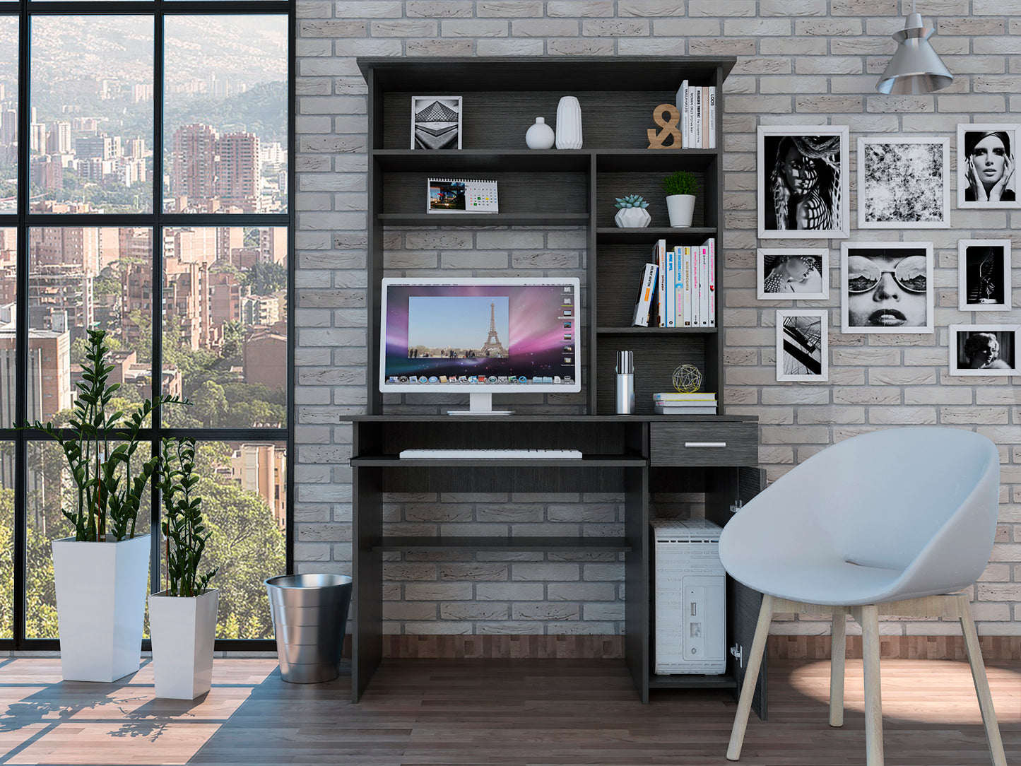 Smokey Oak 2-Drawer 7-Shelf Computer Desk with Hutch