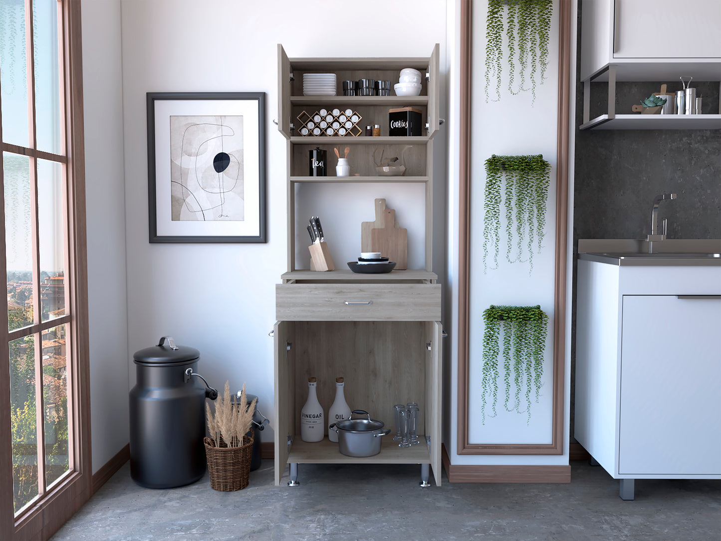 Santa 1-Drawer 1-Shelf Area Pantry with Adjustable Metal Legs - Light Grey