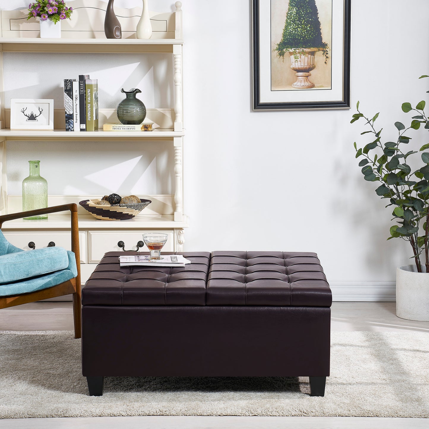 Square Faux Leather Storage Ottoman - Dark Brown