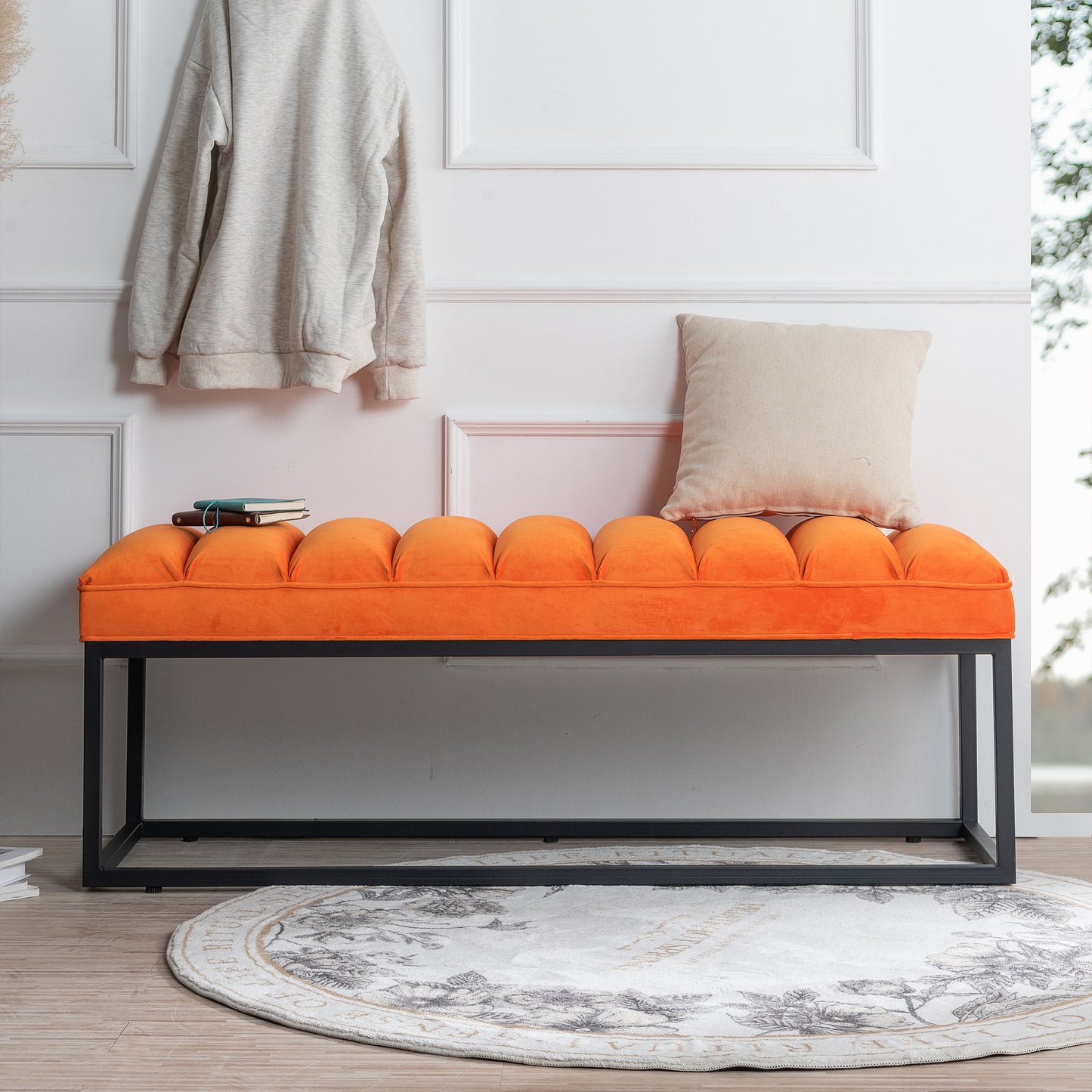 Metal Base Upholstered Bench - Orange